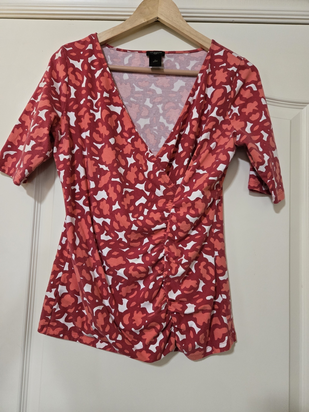 Ann Taylor Red Floral Ruched Wrap Top